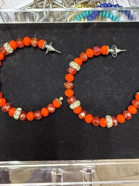 Sassy Jones Neon Orange Beaded Hoop Earrings with Gold Accents